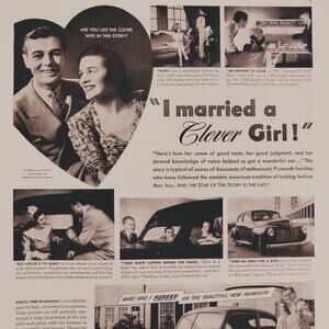 1940 Vintage Plymouth Print Ad "I Married a Clever Girl" Classic Car Advertising